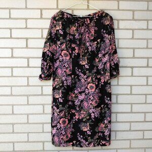 Vintage 60s Dress 40" Bust Black Pink Mauve Floral Drawstring Neckline